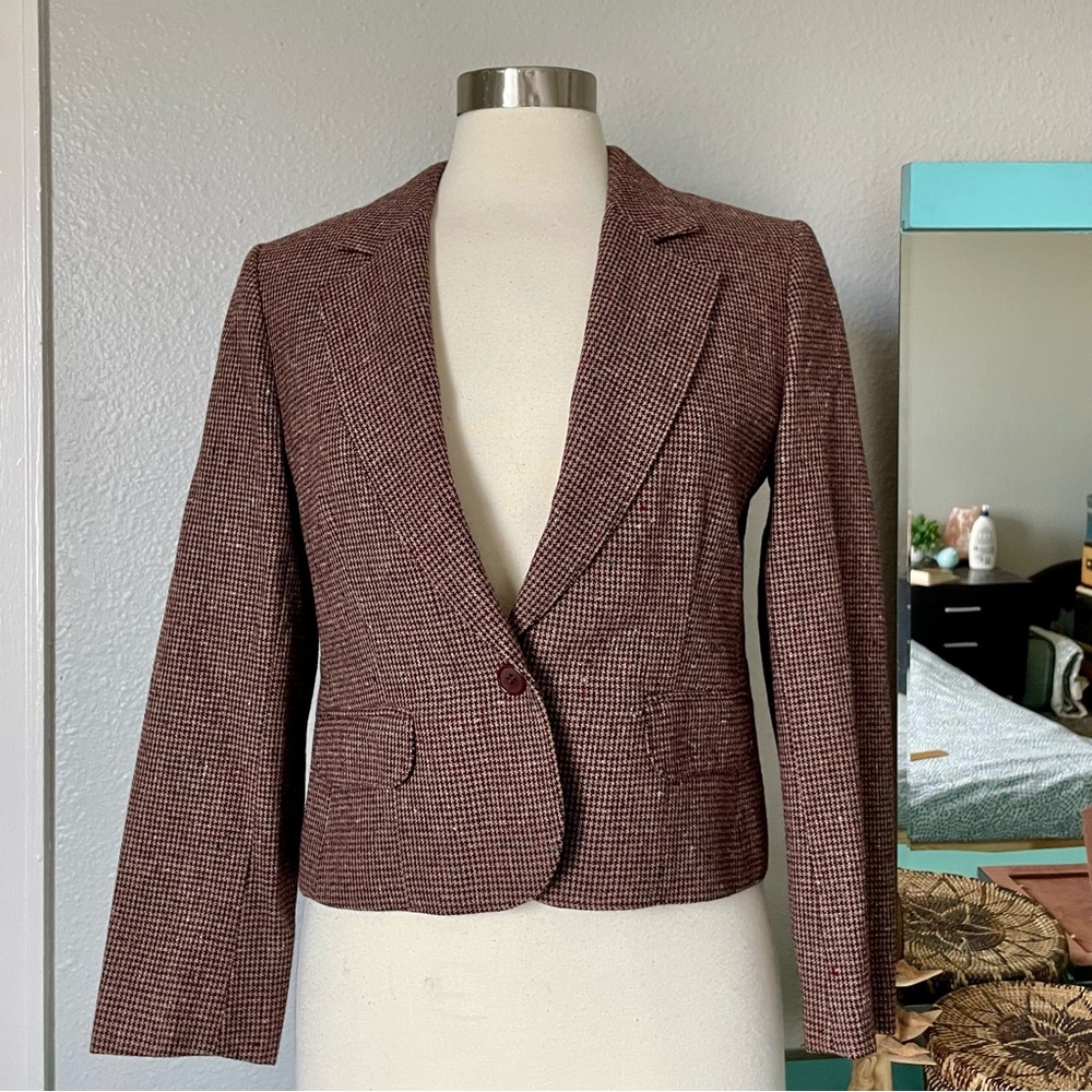 Vintage Pendleton Brown & Cream Houndstooth Tailored Wool Classic Blazer Sz 10P
